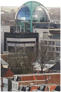 Just like a gigantic UFO, main building Friesland Bank, seen from the Oldehove-Tower